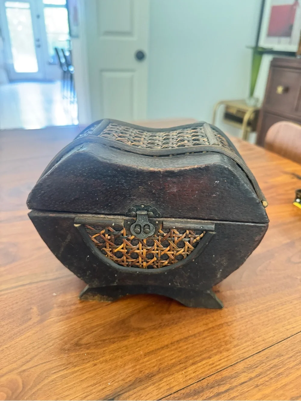 Vintage Inspired Brown Decorative Wicker Wood Chest Box Woven Accent